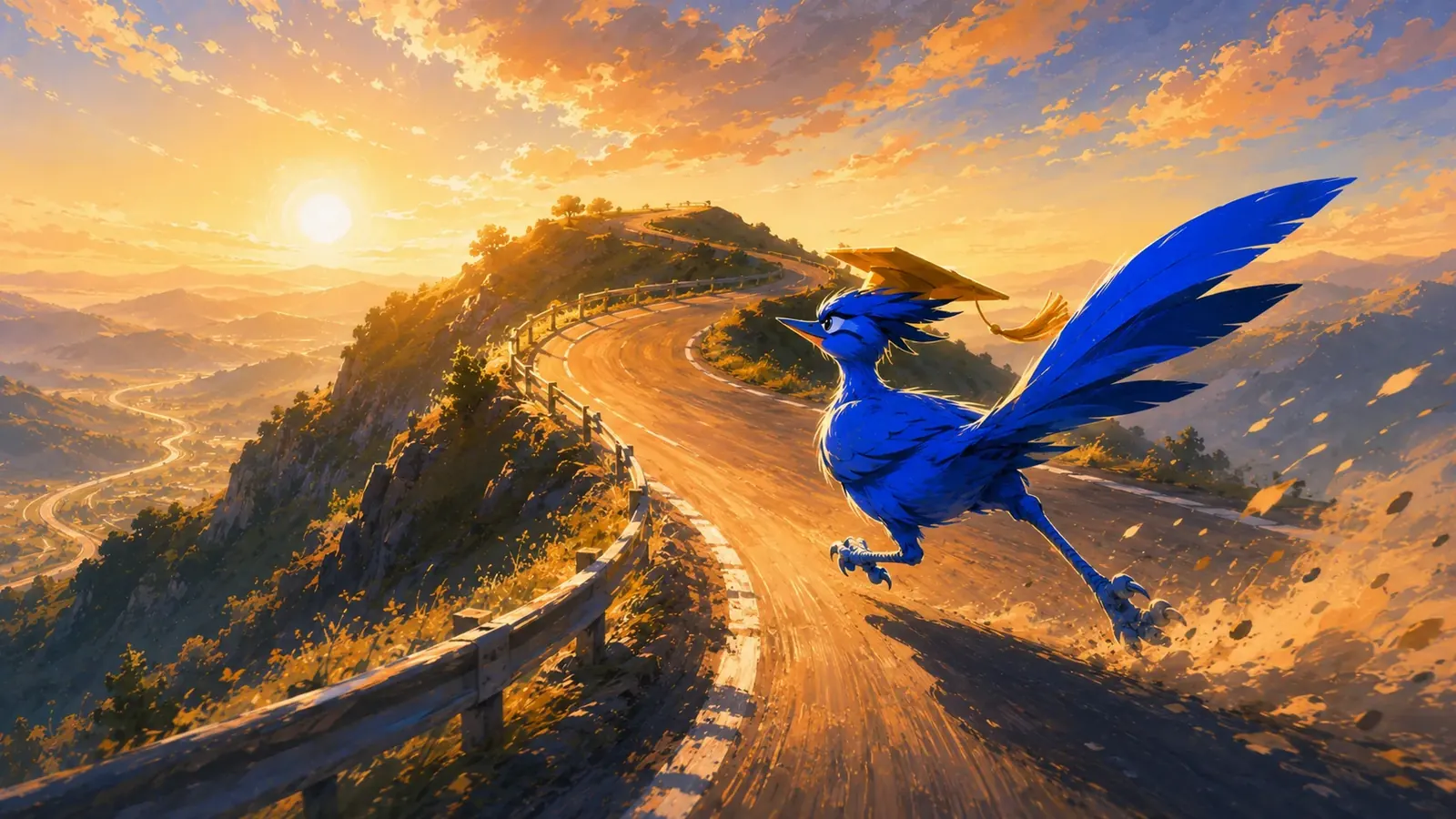 The CourseCruise roadrunner in a gold graduation cap, sprinting down a winding mountain road at sunset.