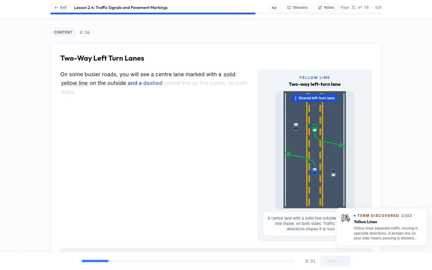 A CourseCruise lesson page on two-way left turn lanes, with a lane diagram beside the text and a new glossary term popping up in the corner.