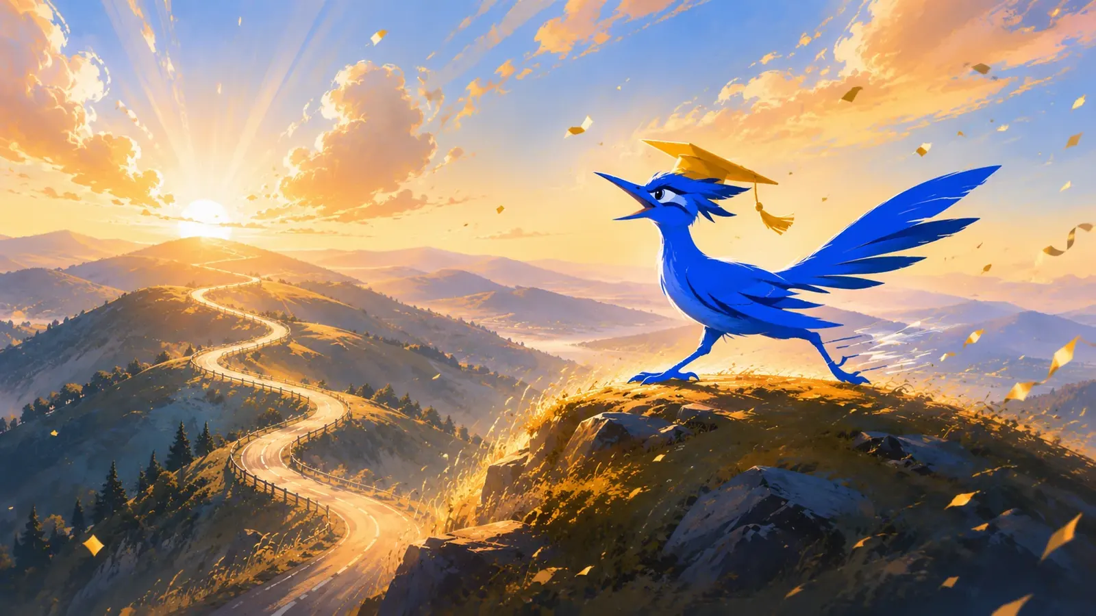The roadrunner on a hilltop above a winding road, with gold confetti in the air.